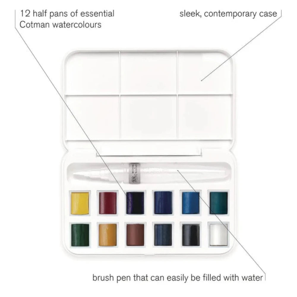 WINSOR & NEWTON, Watercolour - COTMAN | Water Brush Pocket Set | 12 Half Pans + Water Brush.