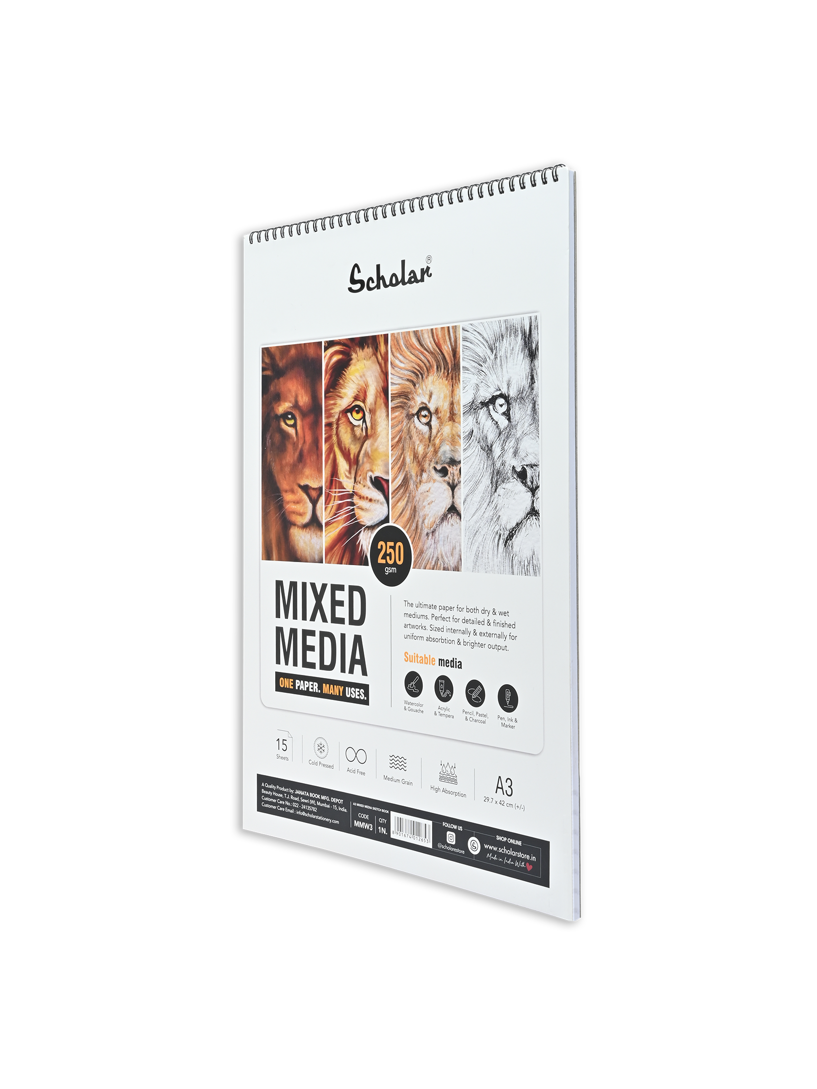 SCHOLAR, Sketch Pad - Mixed Media | 15 Sheets | 250 gsm.