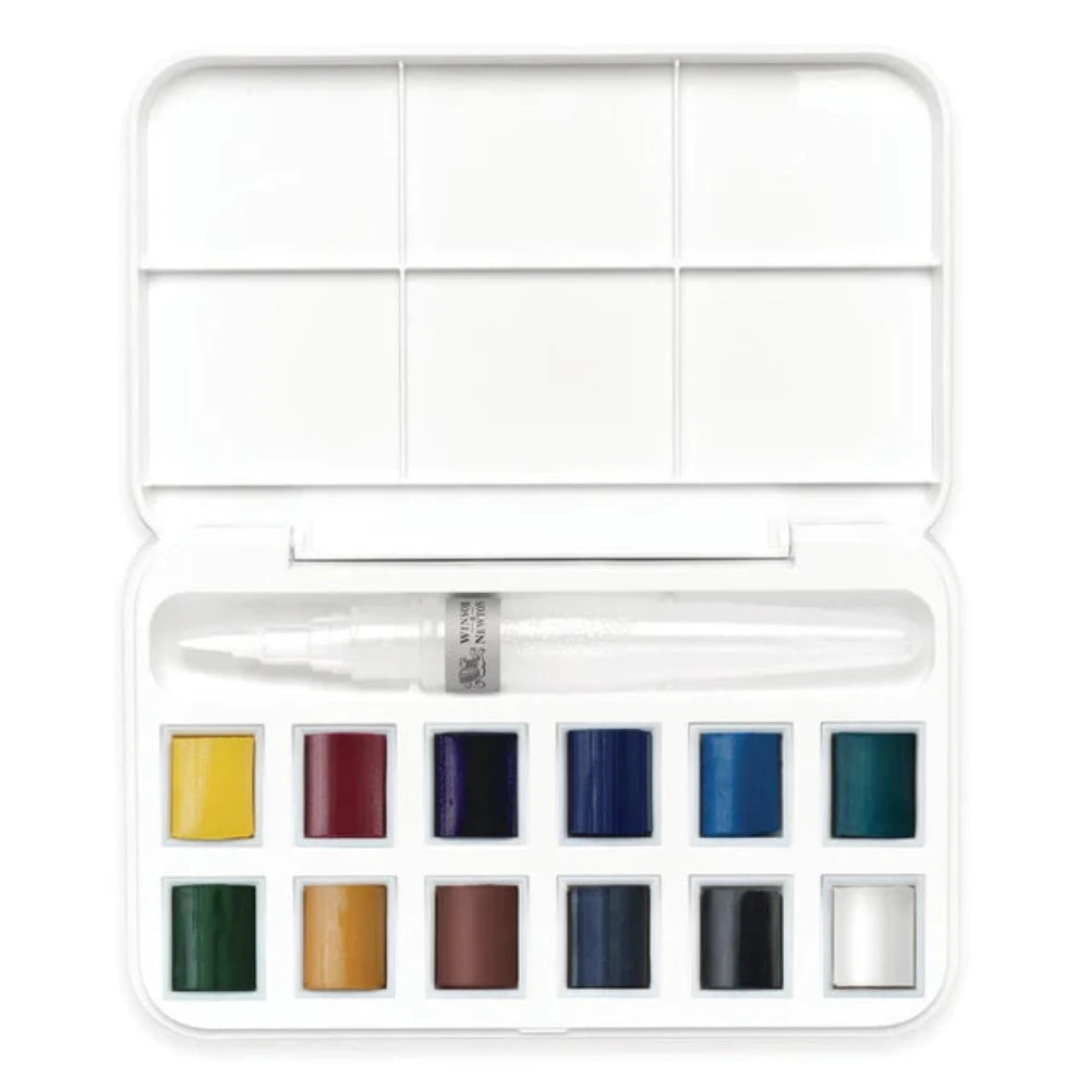 WINSOR & NEWTON, Watercolour - COTMAN | Water Brush Pocket Set | 12 Half Pans + Water Brush.