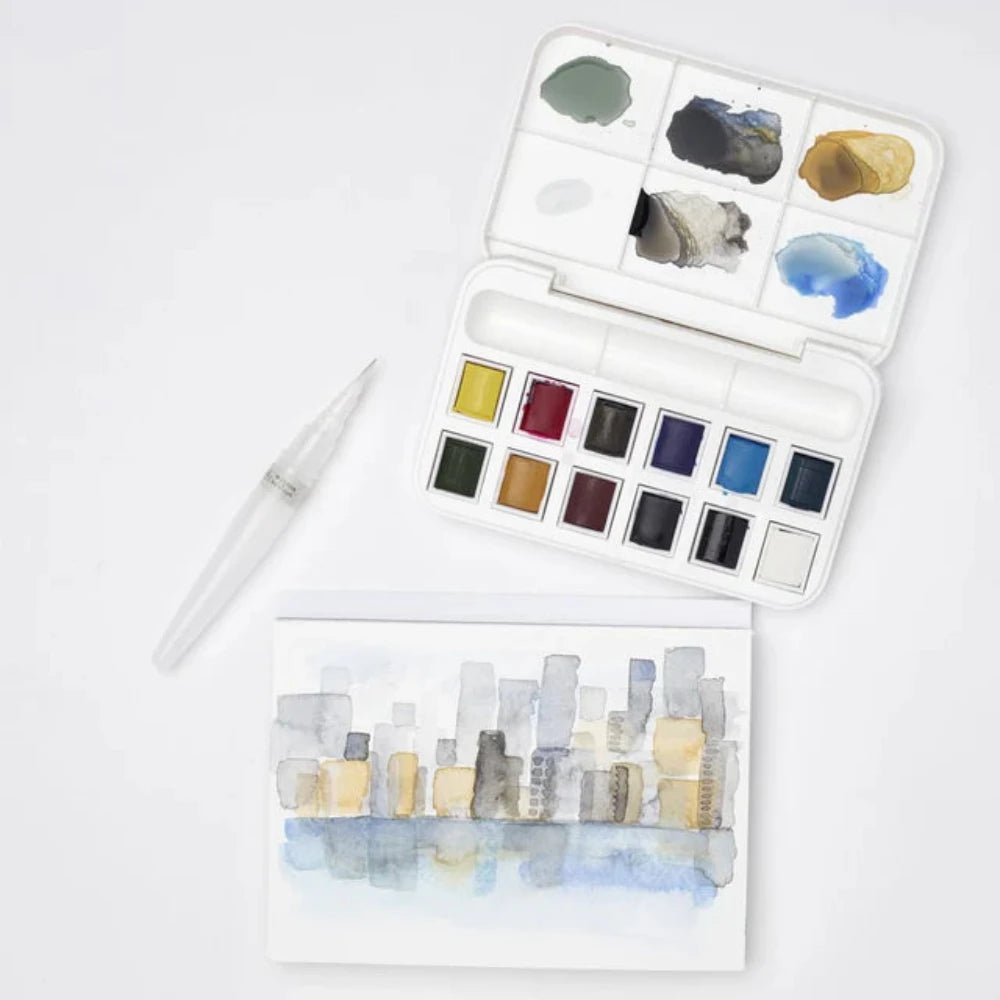 WINSOR & NEWTON, Watercolour - COTMAN | Water Brush Pocket Set | 12 Half Pans + Water Brush.