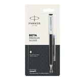 PARKER, Fountain Pen - BETA Premium | Silver Finish Cap | Chrome Trim | Fine.