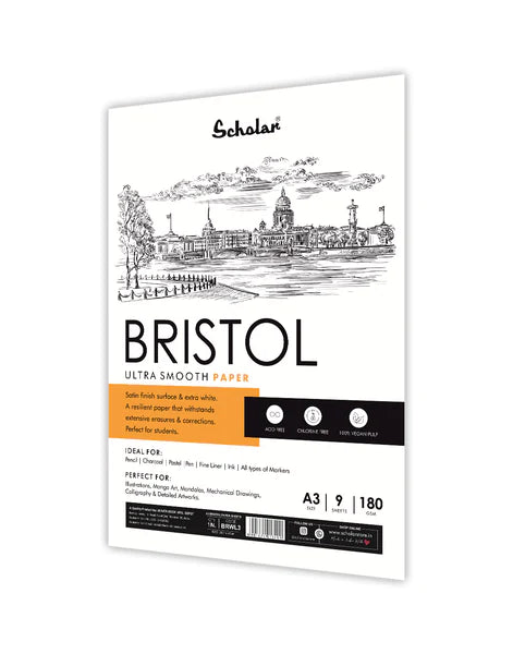 SCHOLAR, Paper Sheets - Bristol | 9 Sheets | 180 gsm.