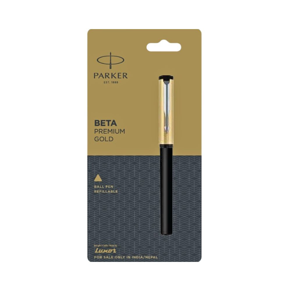 PARKER, Ballpoint Pen - BETA Premium | Gold Finish Cap | Chrome Trim | Fine.
