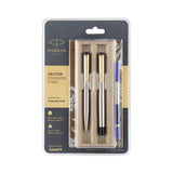 PARKER, Rollerball Pen + Ballpoint Pen Set - VECTOR Stainless Steel | Gold Trim | Ultra Fine.