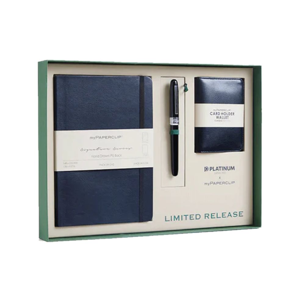 PLATINUM x myPAPERCLIP, Gift Set - PLAISIR Fountain Pen + SIGNATURE Series NOTEBOOK + Card Holder Wallet BLACK.