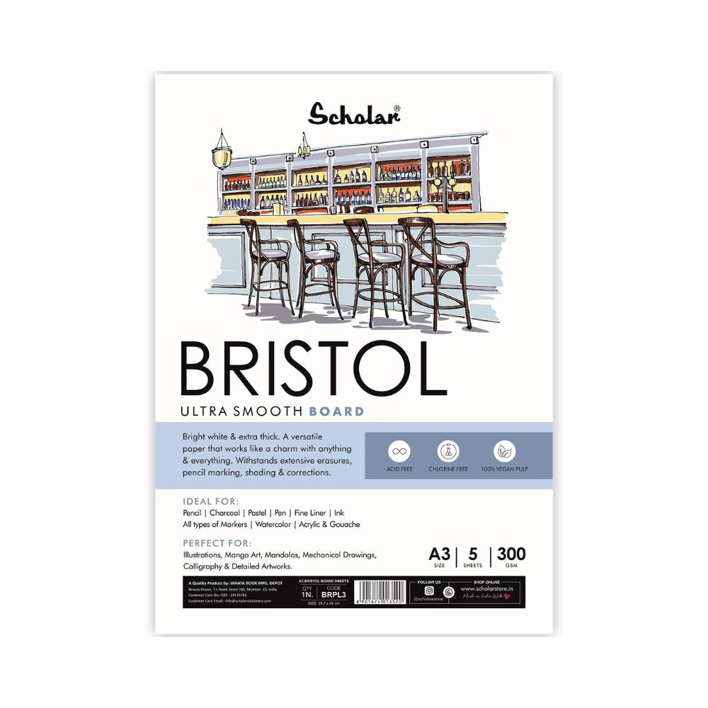 SCHOLAR, Paper Sheets - Bristol BOARD | 5 Sheets | 300 gsm.