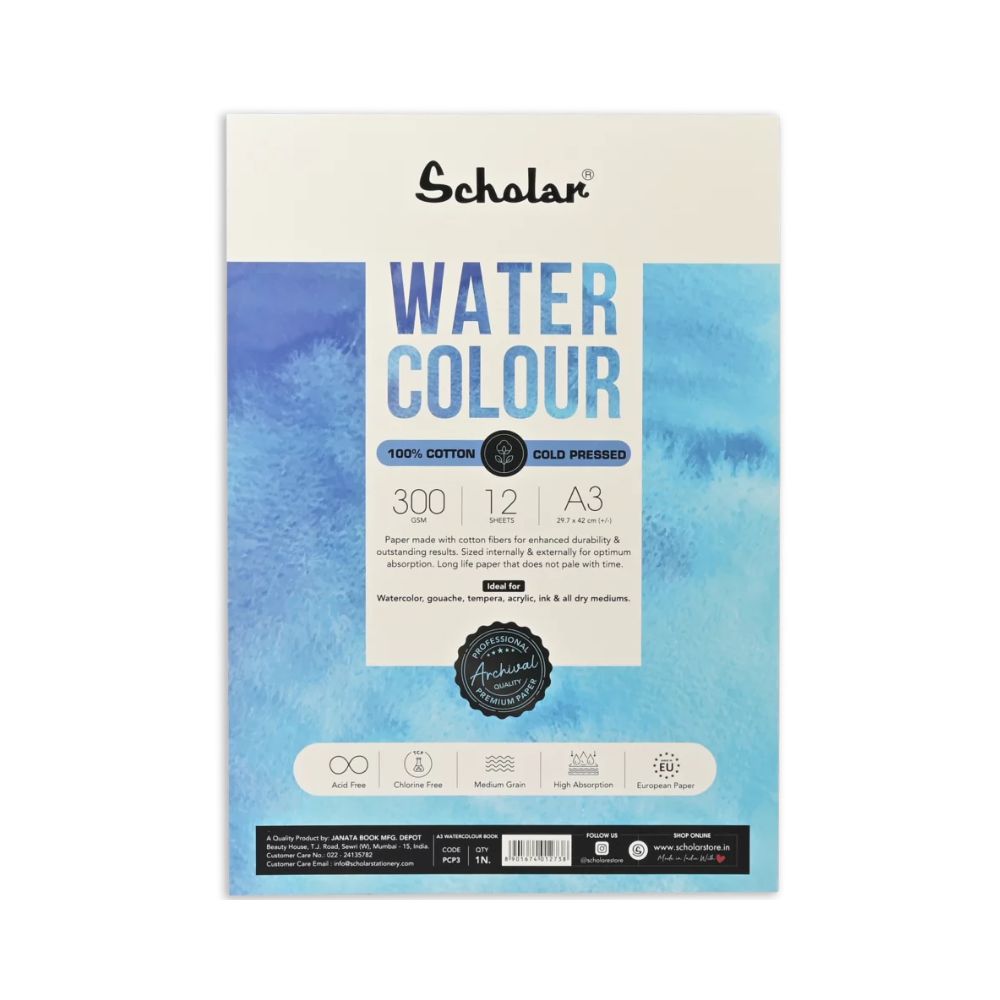 SCHOLAR, Watercolour Pad | 12 Sheets | 300 gsm (PCP).