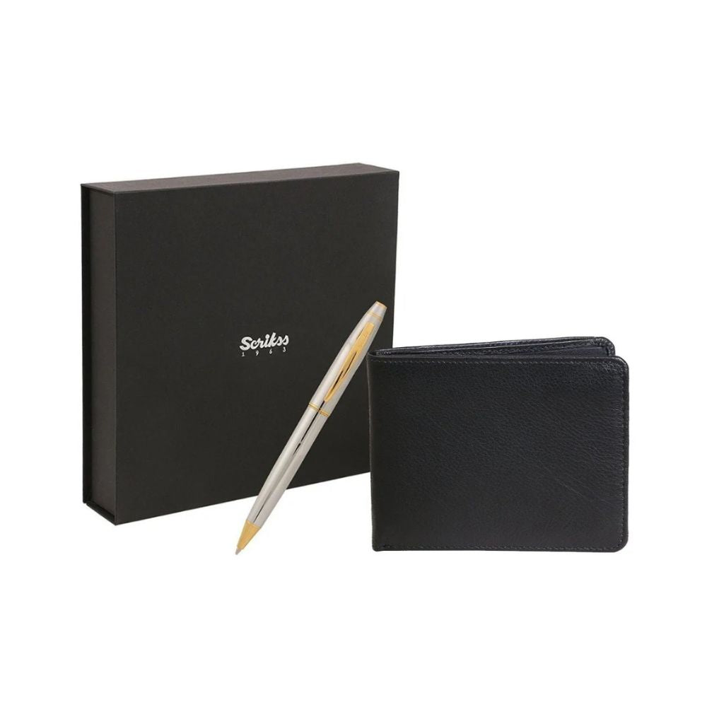 SCRIKSS, Gift Set - Noble 35 GOLD CHROME | Ballpoint Pen + Natural Leather Wallet.