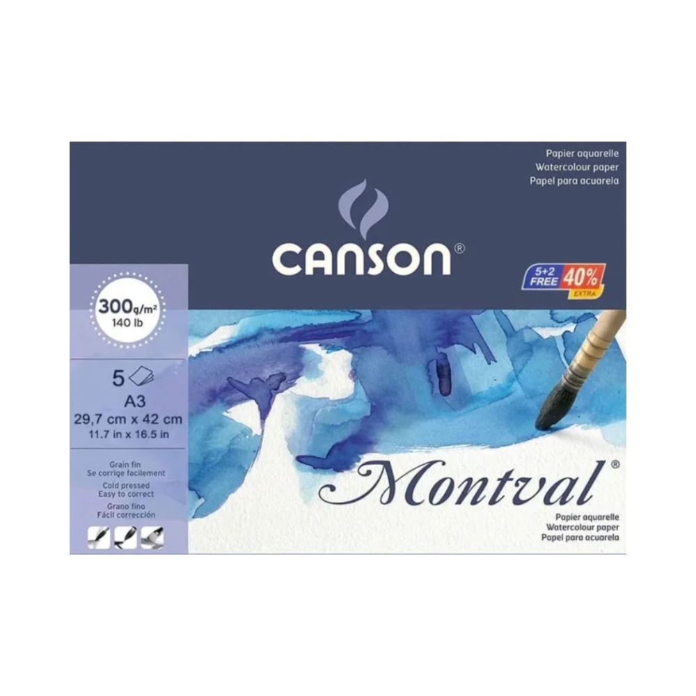 CANSON, Watercolour Paper - Montval A3 | 5 + 2 Sheets | 300 gsm.