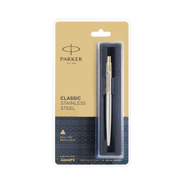 PARKER, Ballpoint Pen - CLASSIC STAINLESS STEEL | Gold Trim | Fine.
